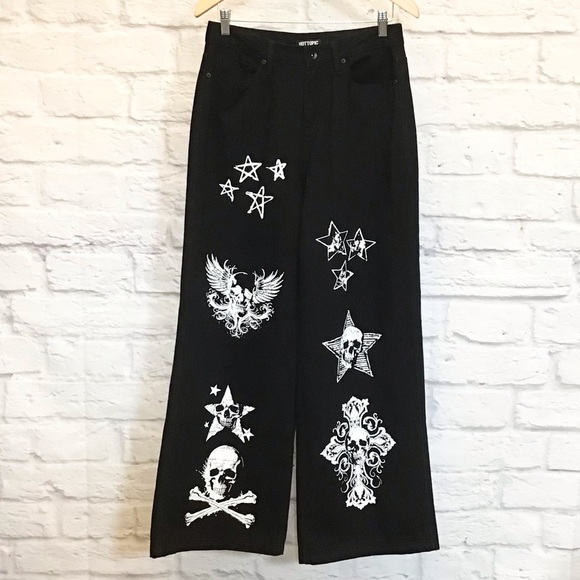 Hot Topic 7 Wide Leg Skull Women’s Jeans High Rise Black Goth Grunge Punk - Picture 3 of 12